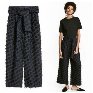 H&M Women's Black Wide Cut High Waist Tie Belt Pockets Ankle Length Pants sz 8